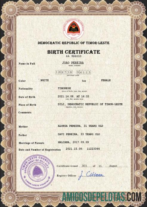 Imprimível modelo PSD de certidão de nascimento de registro vital de Timor Leste